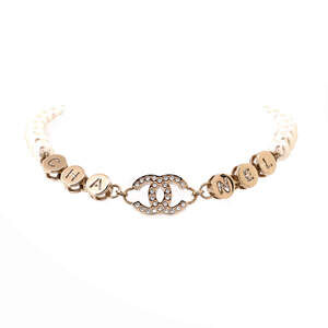 Chanel CHA-NEL Logo CC Choker Necklace Metal with Faux Pearls and Crystals